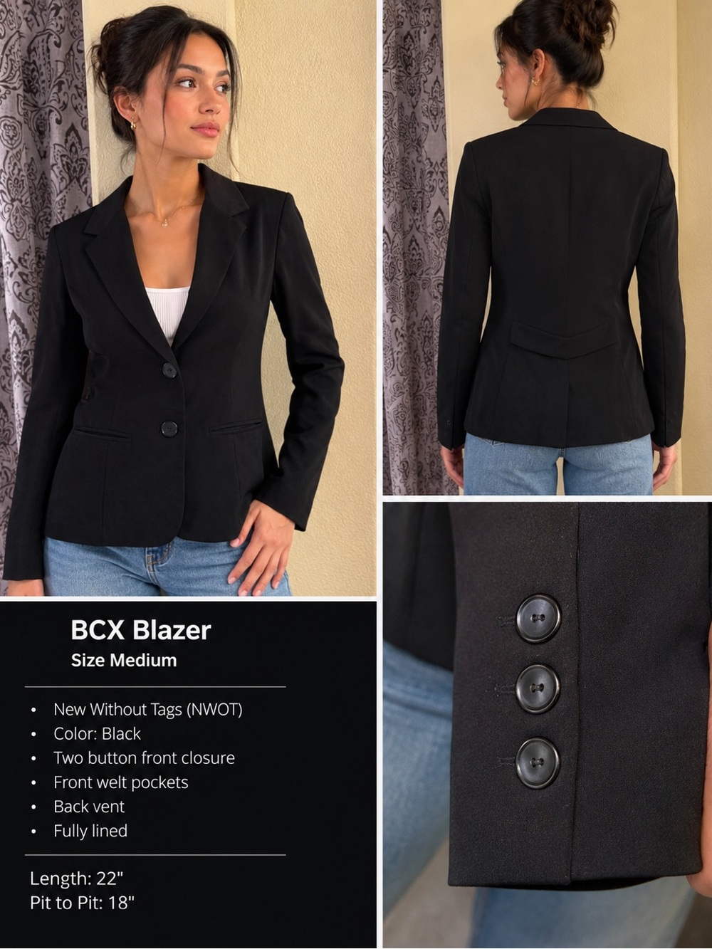 BCX Women's Black Two-Button Tailored Blazer NWOT